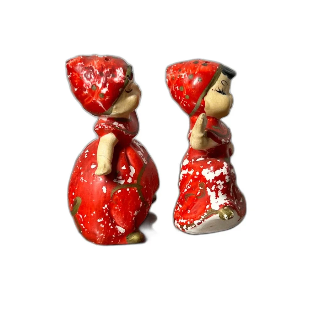 Vintage 1950s Japan Red Girl Figurines Salt Pepper Shakers Hand Painted w/ Corks